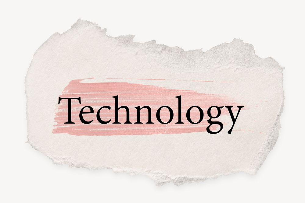 Technology word, ripped paper, pink marker stroke typography