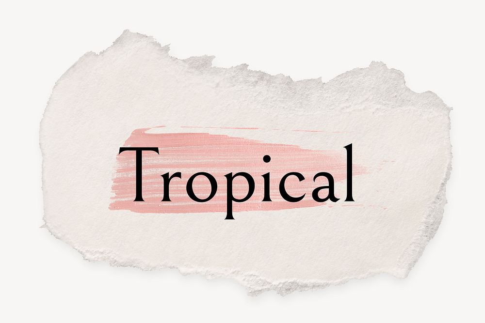 Tropical word, ripped paper, pink marker stroke typography