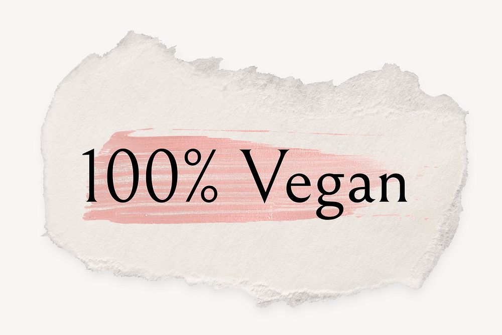100% Vegan word, ripped paper, pink marker stroke typography