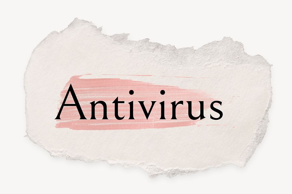 Antivirus word, ripped paper, pink marker stroke typography