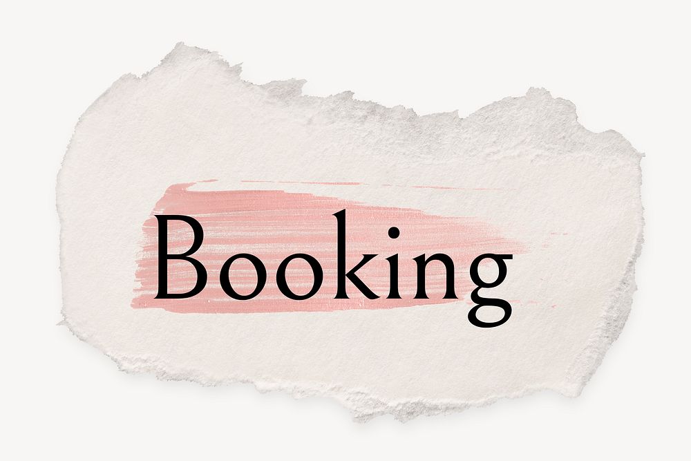 Booking word, ripped paper, pink marker stroke typography