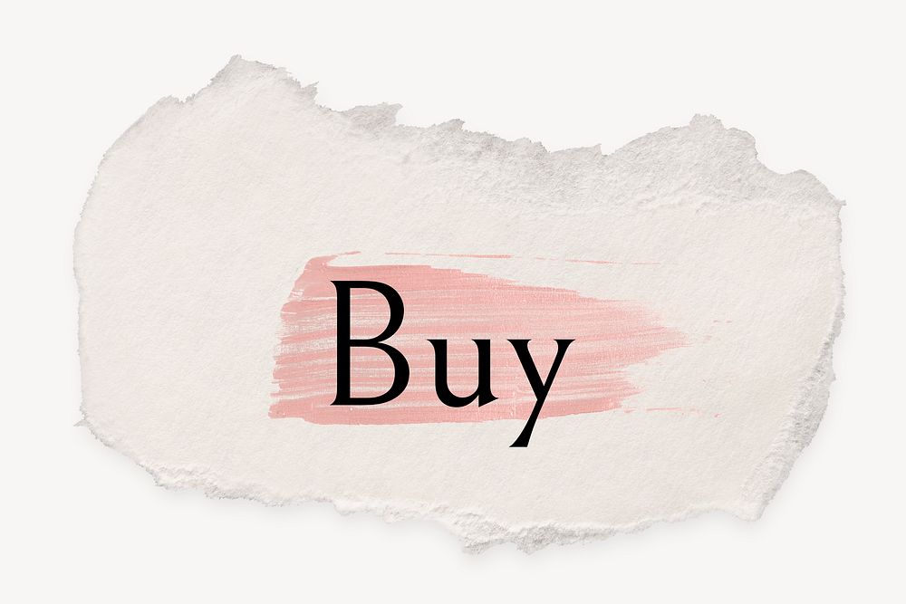Buy word, ripped paper, pink marker stroke typography