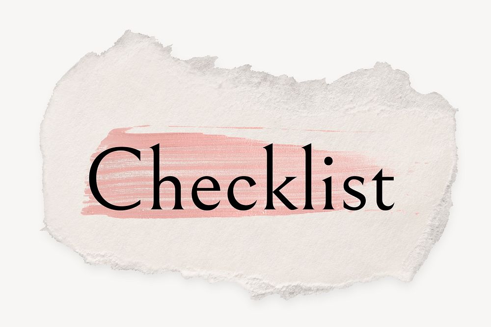 Checklist word, ripped paper, pink marker stroke typography