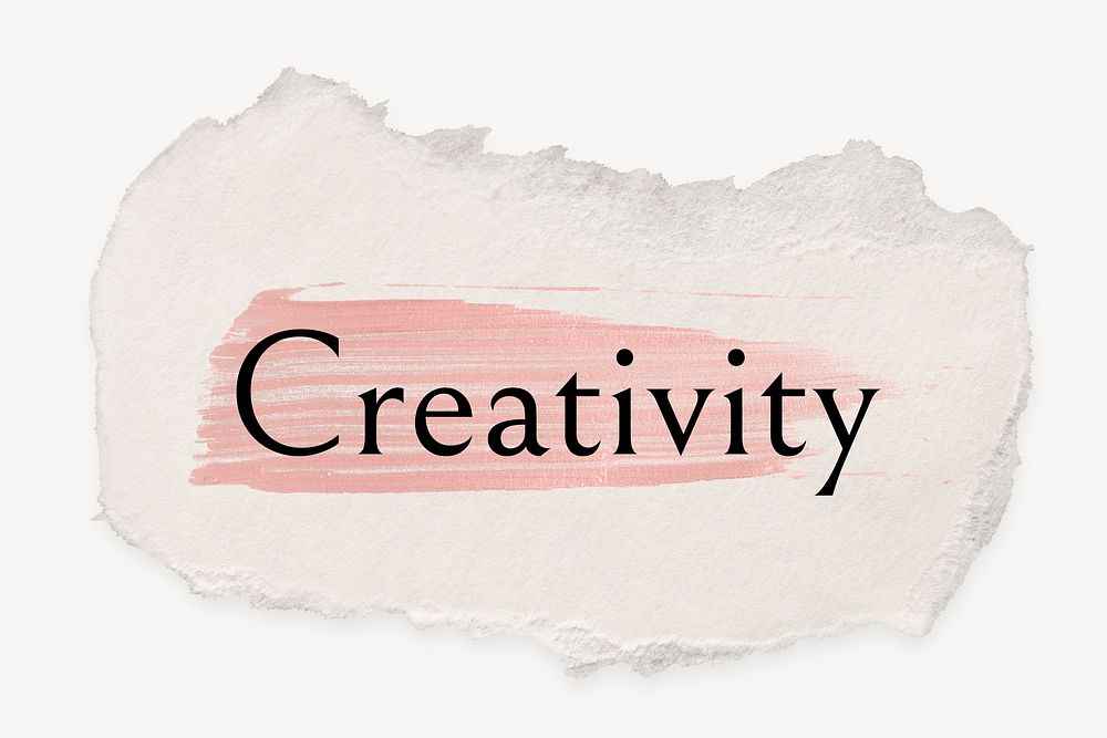 Creativity word, ripped paper, pink marker stroke typography