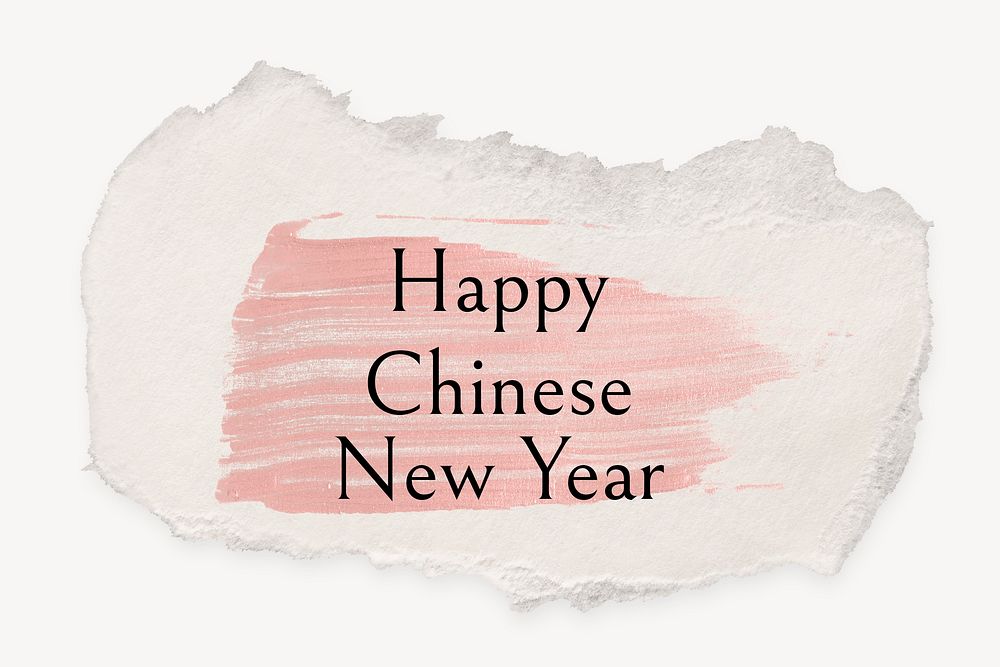 Happy Chinese New Year word, ripped paper, pink marker stroke typography