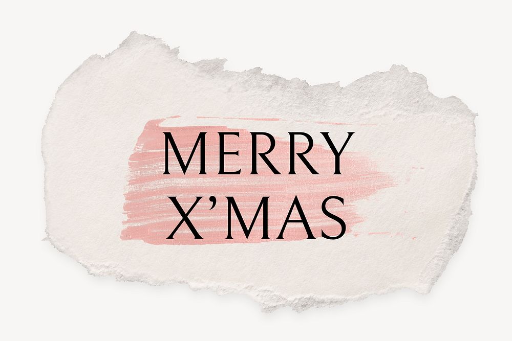 Merry X'mas word, ripped paper, pink marker stroke typography