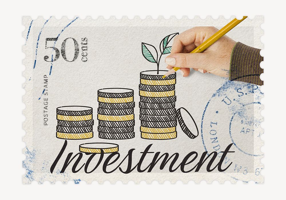 Investment postage stamp, finance stationery collage element