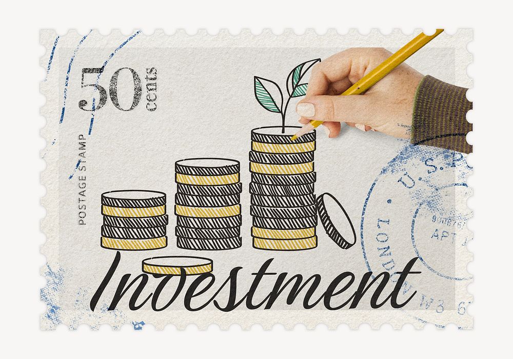 Investment postage stamp sticker, finance stationery psd