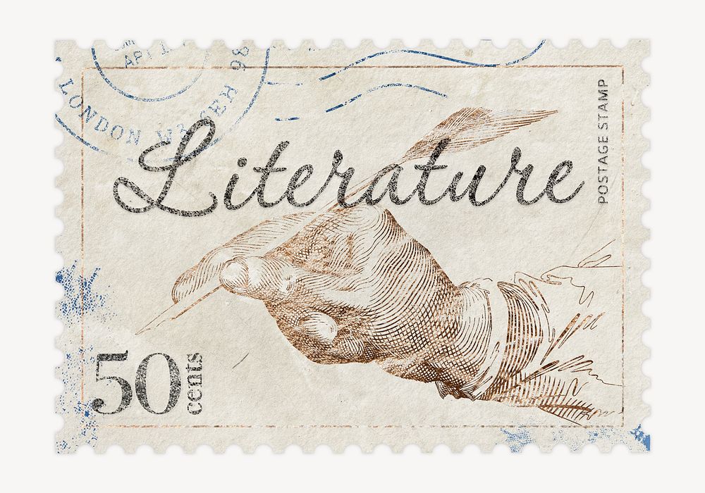 Literature postage stamp sticker, vintage stationery psd