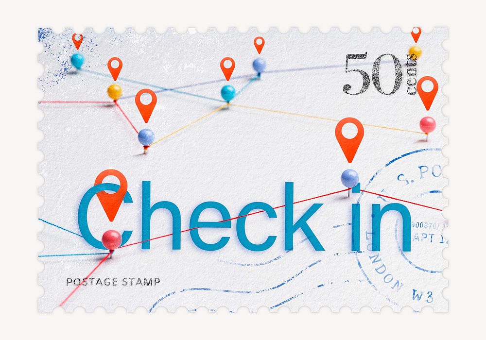 Check in postage stamp sticker, travel stationery psd