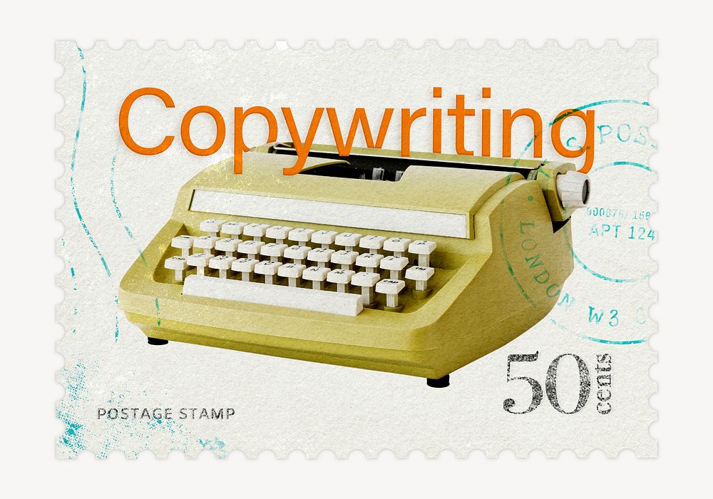 Copywriting postage stamp sticker, typewriter stationery psd