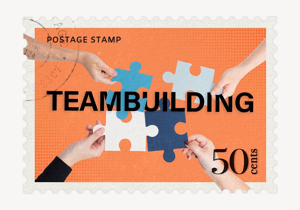 Team building postage stamp, business stationery collage element