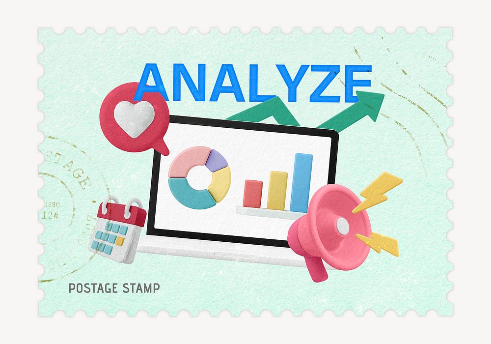 Analyze postage stamp, business stationery collage element
