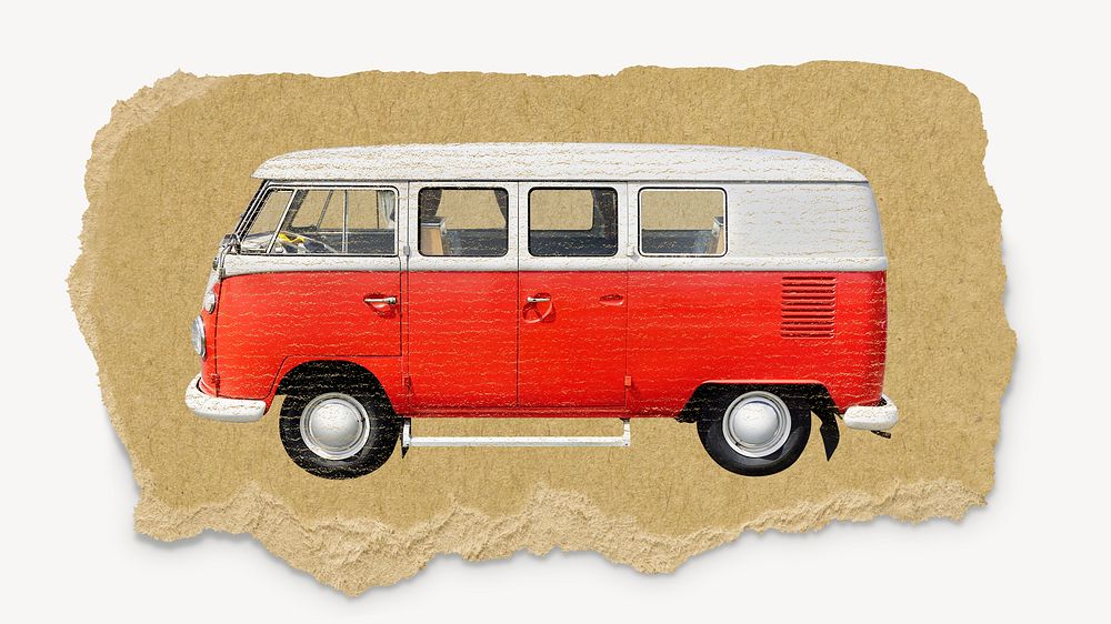 Retro microbus sticker, ripped paper collage element psd