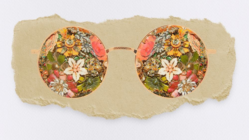 Floral sunglasses, ripped paper collage element
