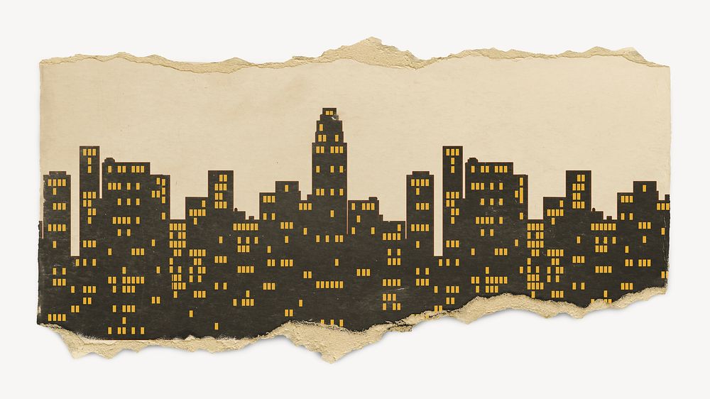 Cityscape silhouette sticker, ripped paper collage element psd