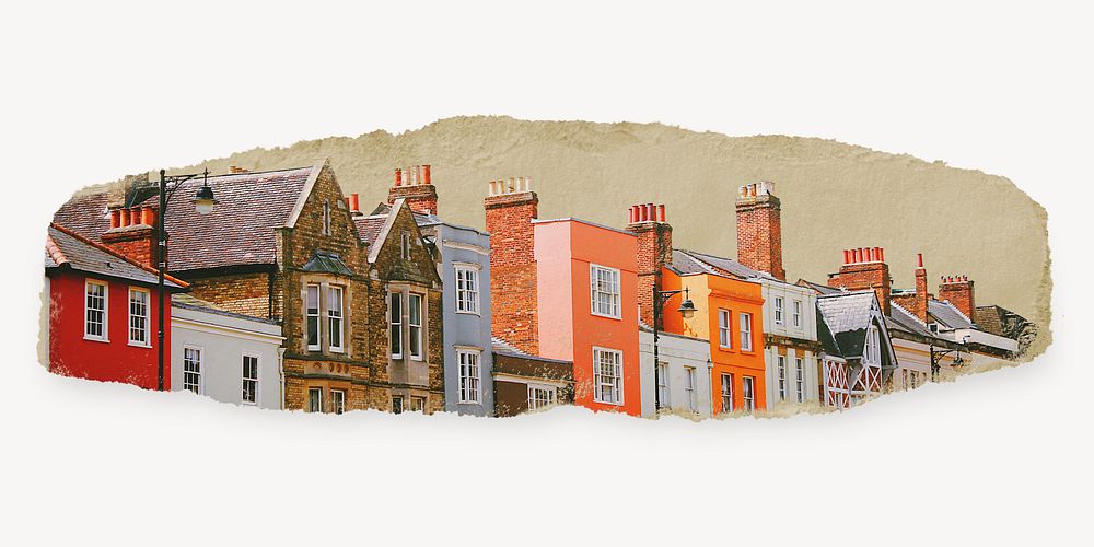 European rowhouse sticker, ripped paper collage element psd