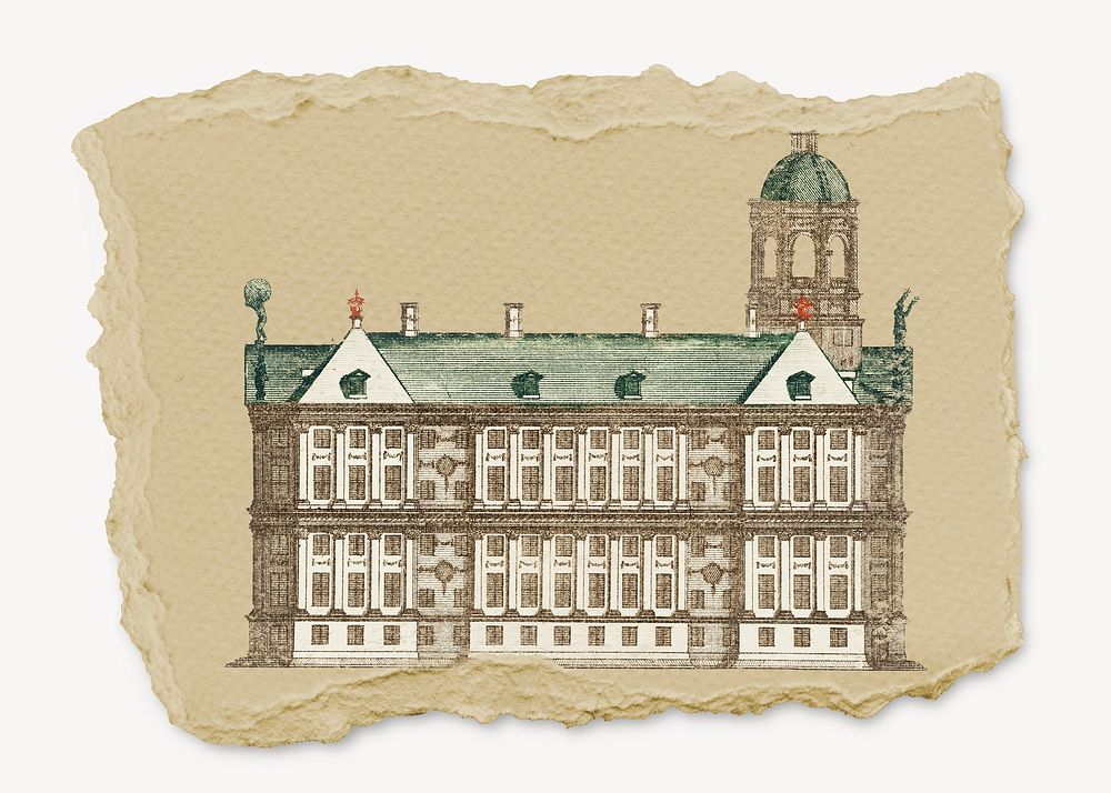 European building sticker, ripped paper collage element psd