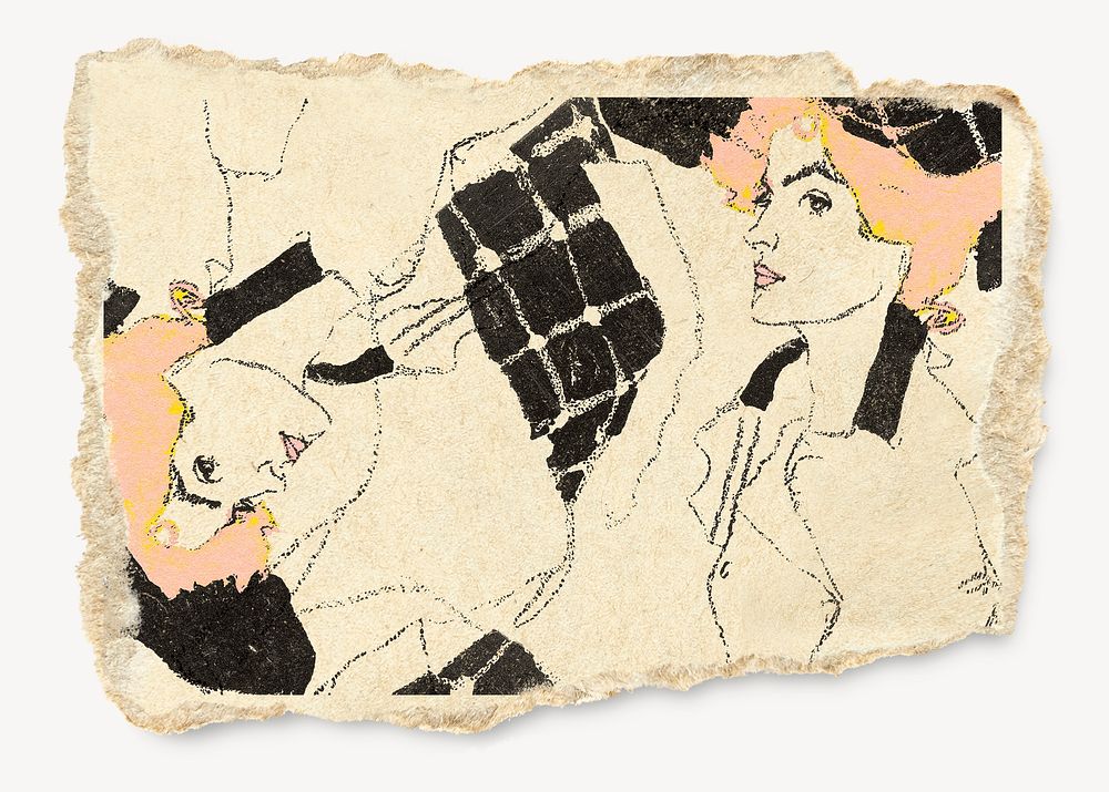 Vintage woman painting sticker, ripped paper collage element psd, famous artwork remixed by rawpixel
