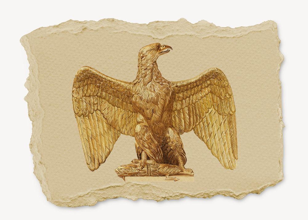 Gold eagle statue sticker, ripped paper collage element psd