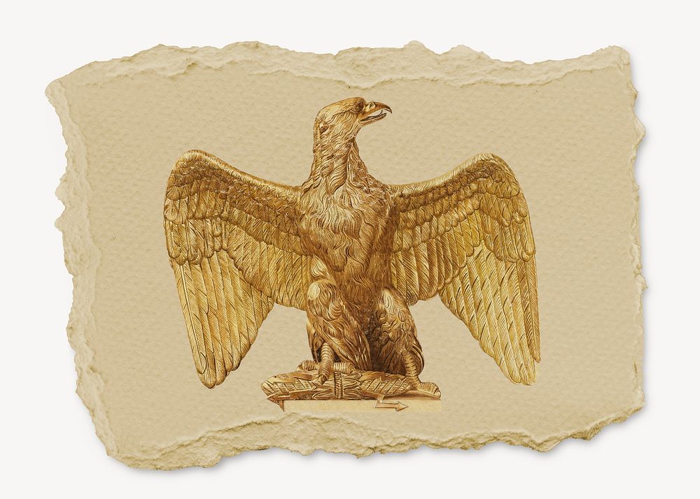 Gold eagle statue, ripped paper collage element