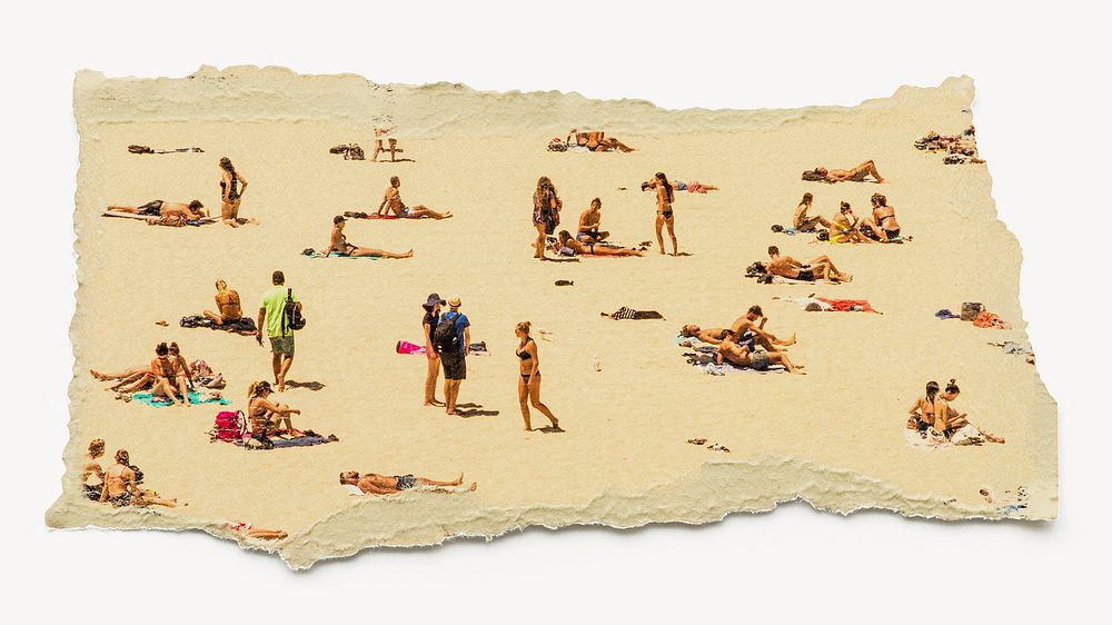 People at the beach sticker, ripped paper collage element psd famous artwork remixed by rawpixel