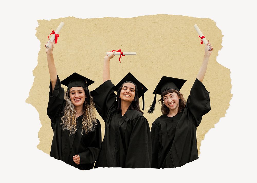 Happy graduates, ripped paper collage element
