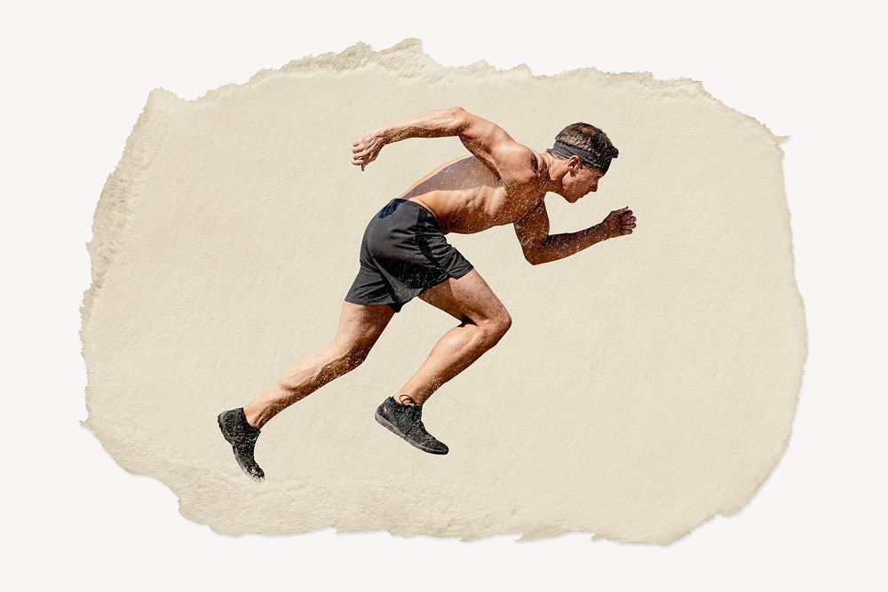 Man sprinting  ripped paper collage element psd