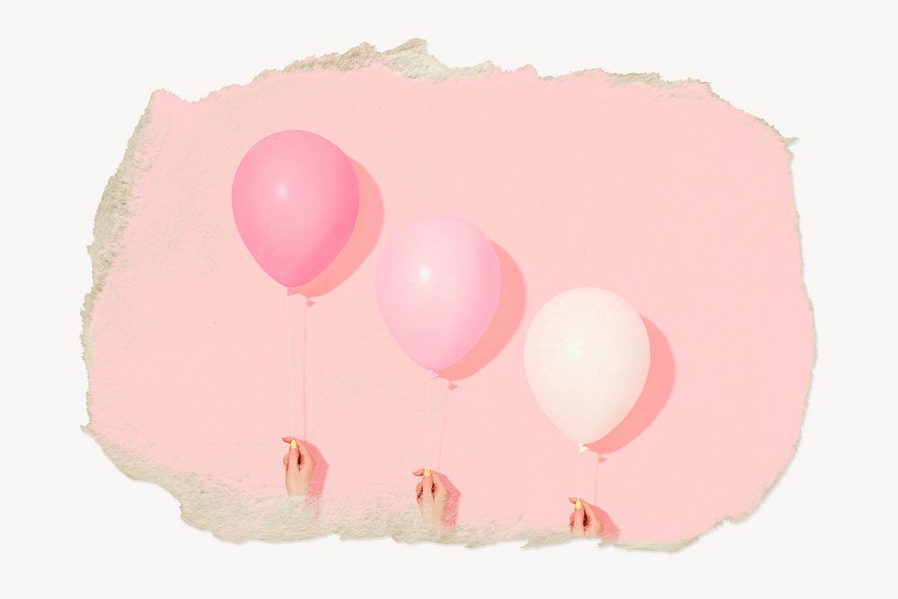 Hands holding balloons, ripped paper collage element