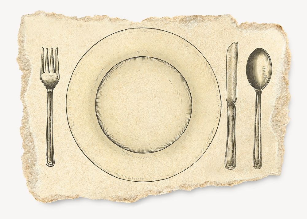 Plate and cutlery, ripped paper collage element psd