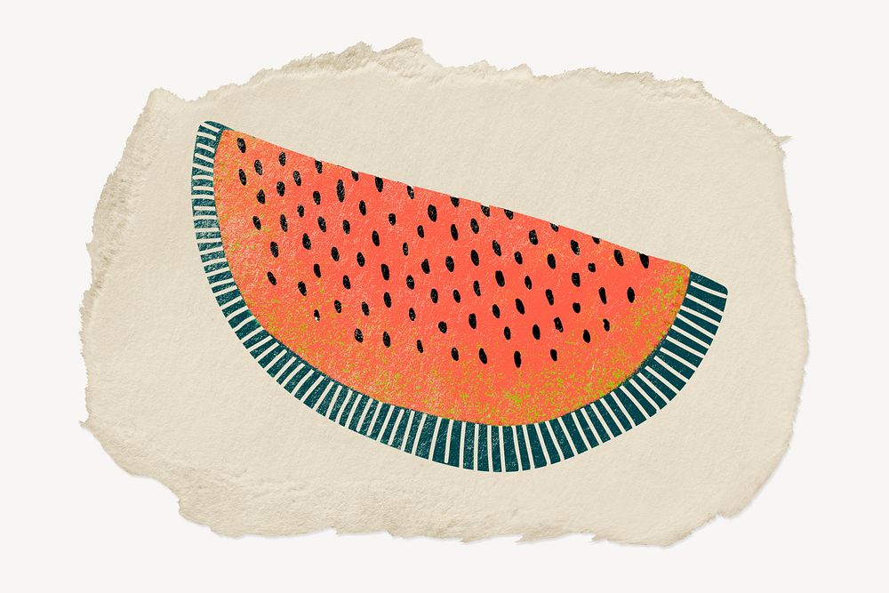 Watermelon doodle, ripped paper collage element 