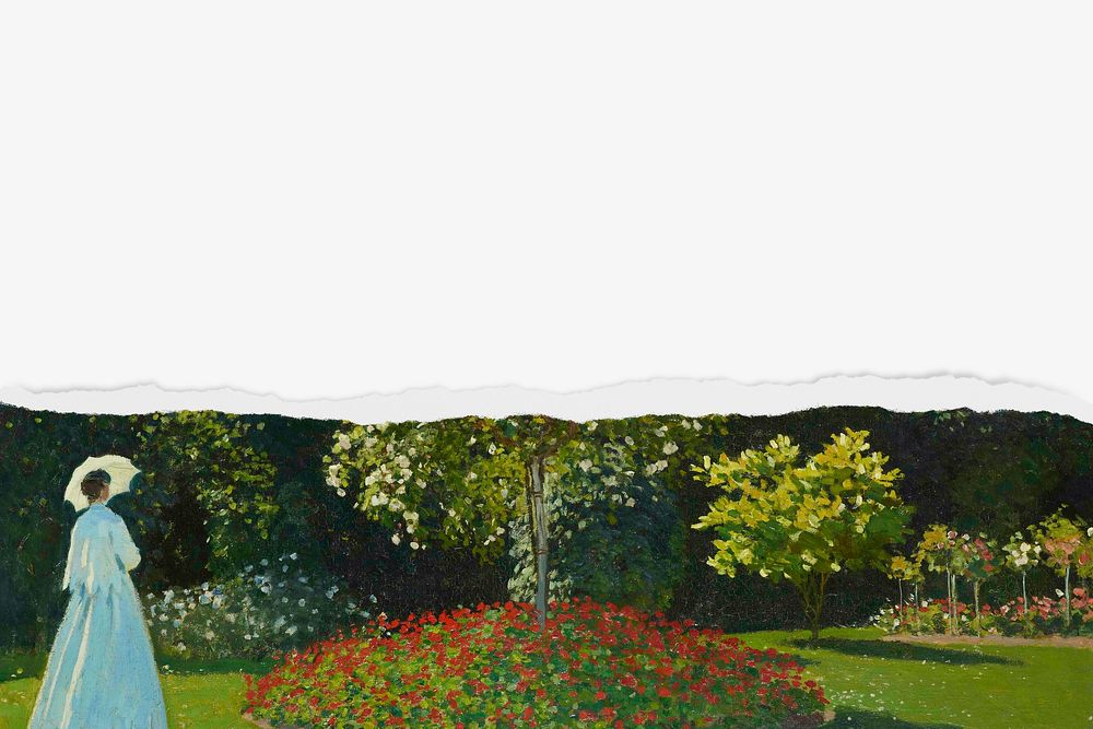 Claude Monet's Lady in the garden border background, famous artwork remixed by rawpixel 