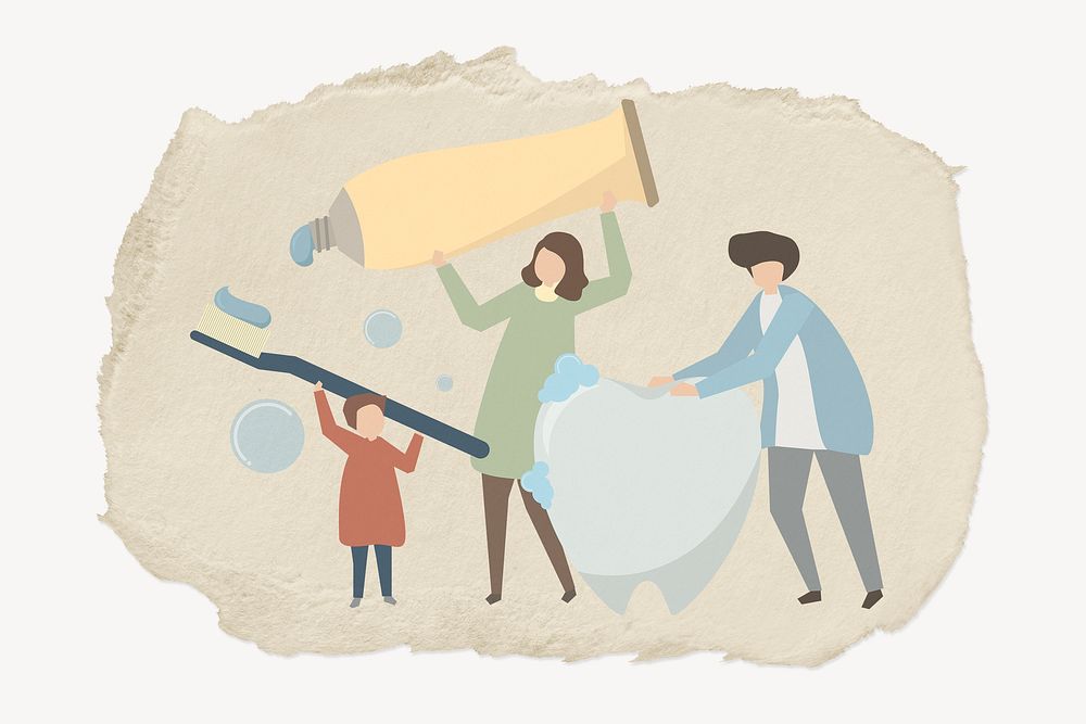 Dental care illustration, family, torn paper design