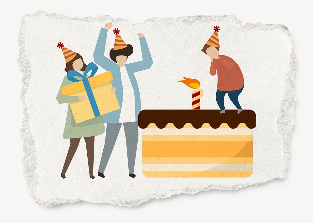Birthday cake illustration, family celebration, ripped paper design