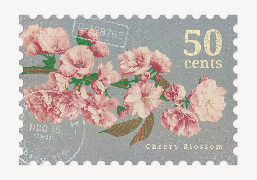Vintage floral postage stamp, cherry blossom collage element psd