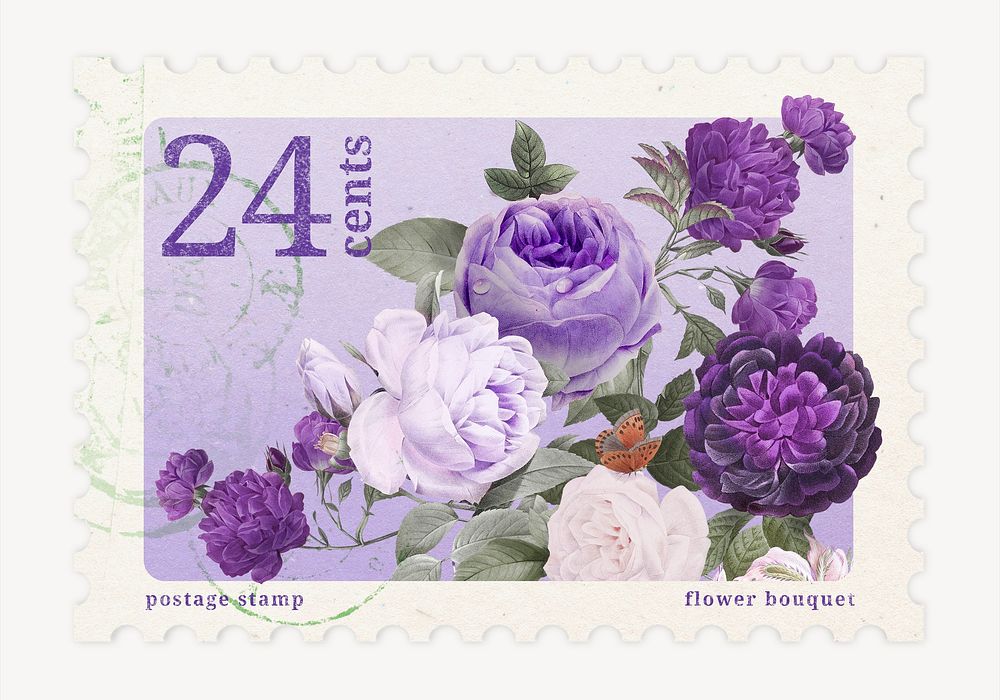 Aesthetic purple flowers postage stamp illustration