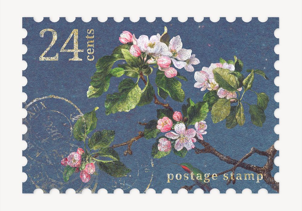 Aesthetic apple blossom flower postage stamp illustration