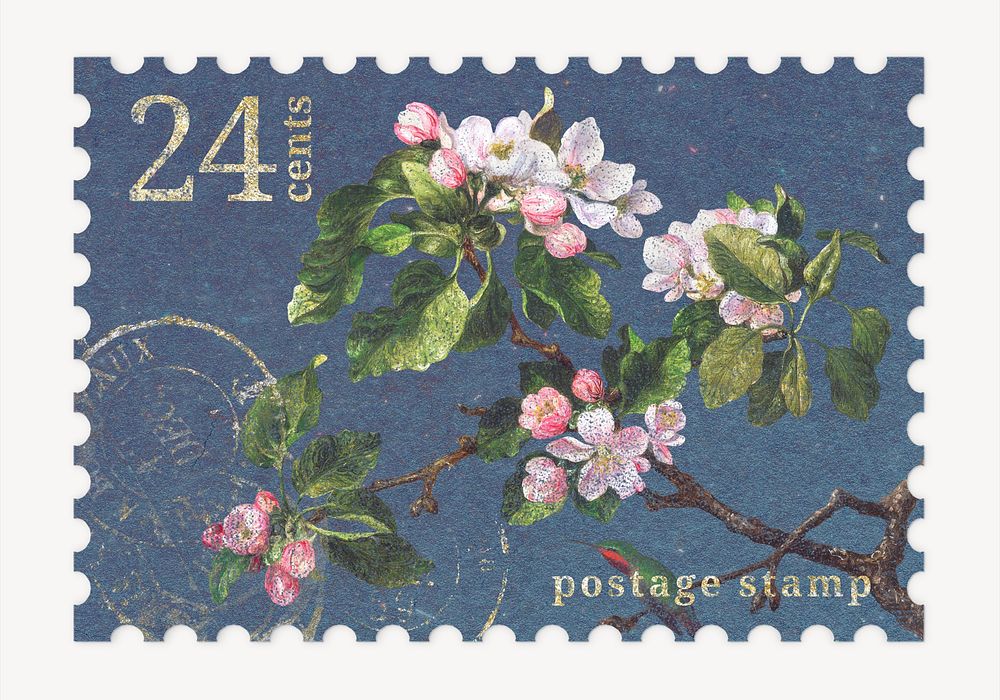 Aesthetic floral postage stamp, apple blossom flower collage element psd