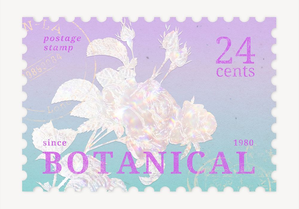 Aesthetic holographic cabbage rose flower postage stamp illustration