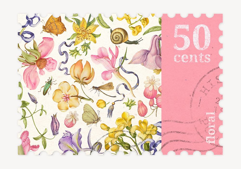 Aesthetic flower postage stamp, spring collage element psd