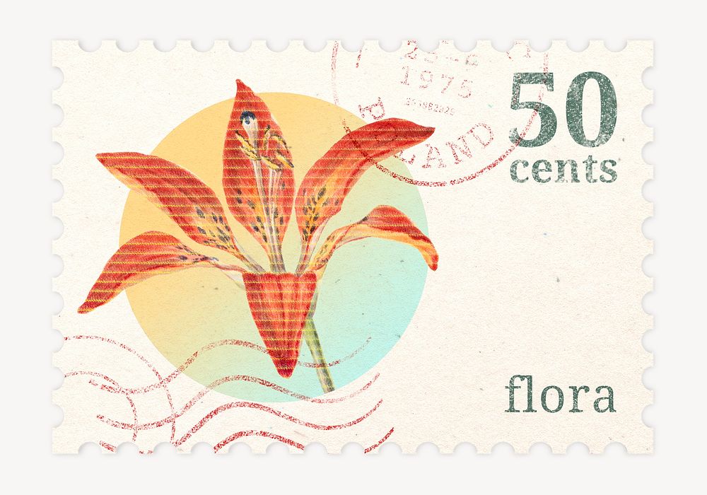 Aesthetic floral postage stamp, tiger lily flower collage element psd