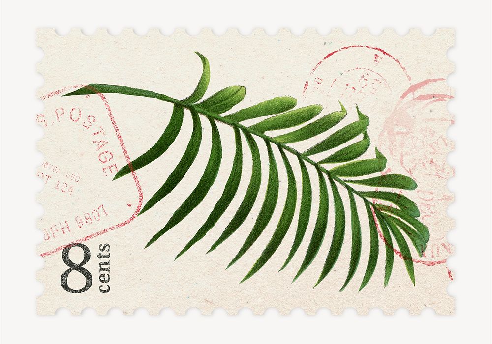 Aesthetic palm leaf postage stamp, ephemera botanical collage element psd