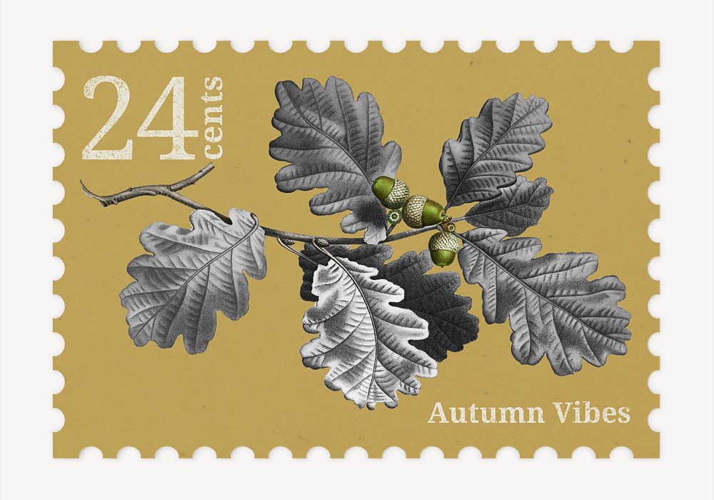 Aesthetic oak leaf postage stamp, ephemera botanical collage element psd