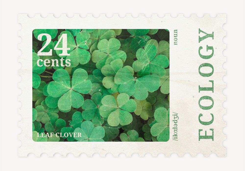 Vintage ecology postage stamp, clover leaves design, collage element psd