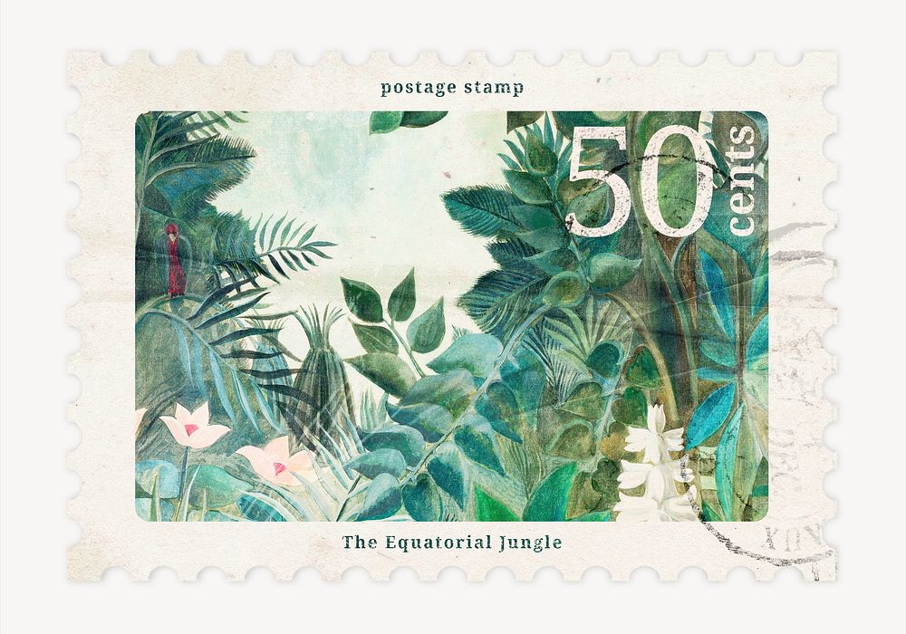 The Equatorial Jungle postage stamp, Henri Rousseau's famous artwork, remixed by rawpixel