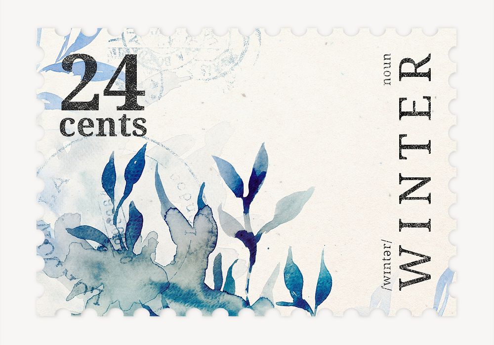 Aesthetic winter watercolor botanical postage stamp illustration