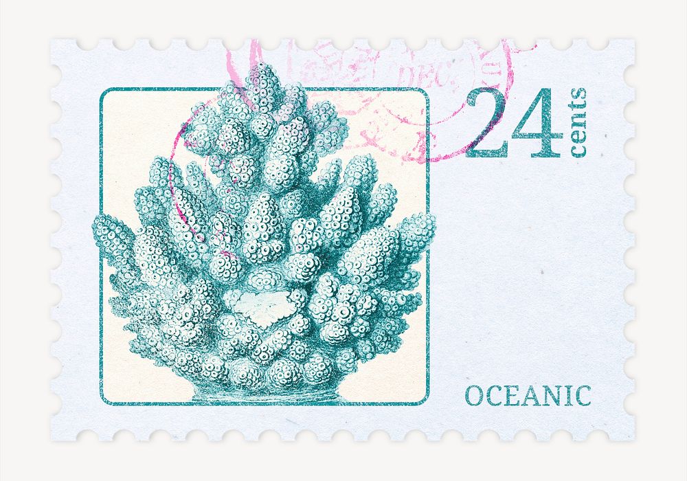 Ephemera coral postage stamp, aesthetic collage element psd, remixed by rawpixel