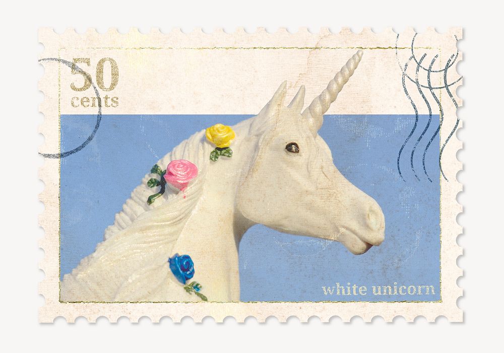 Unicorn postage stamp, collage element psd