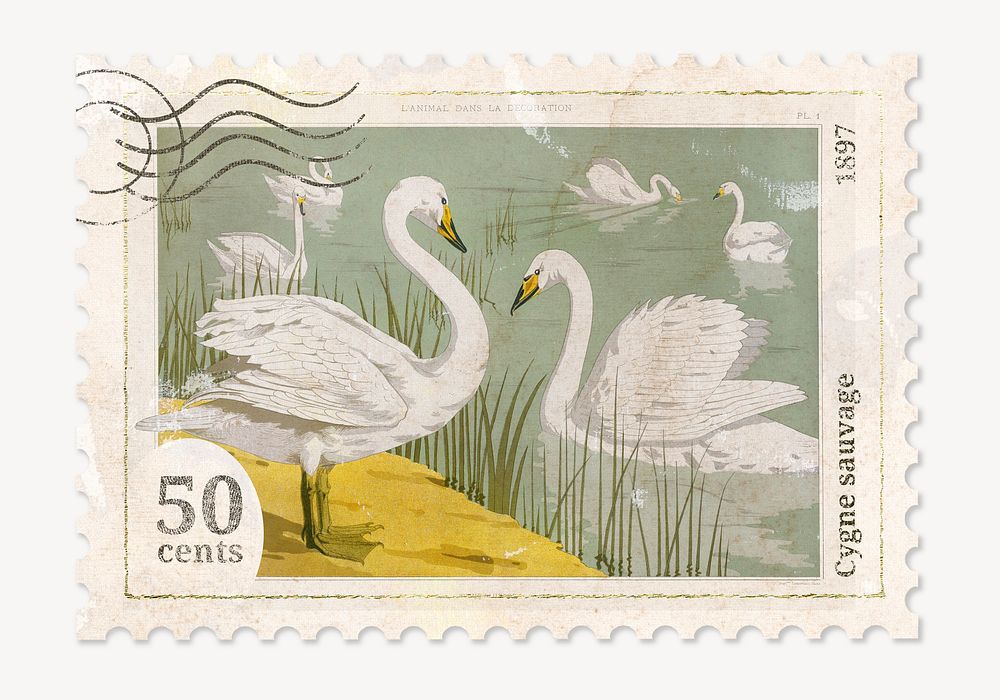 Swan postage stamp, animal graphic Free Photo rawpixel