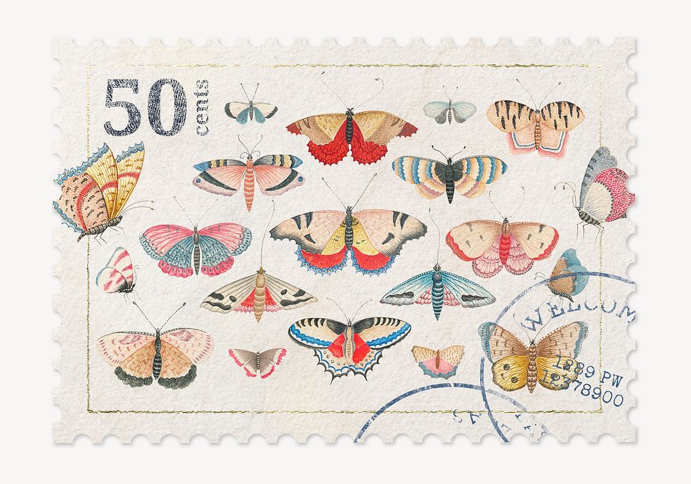 Butterfly postage stamp, ephemera collage element psd